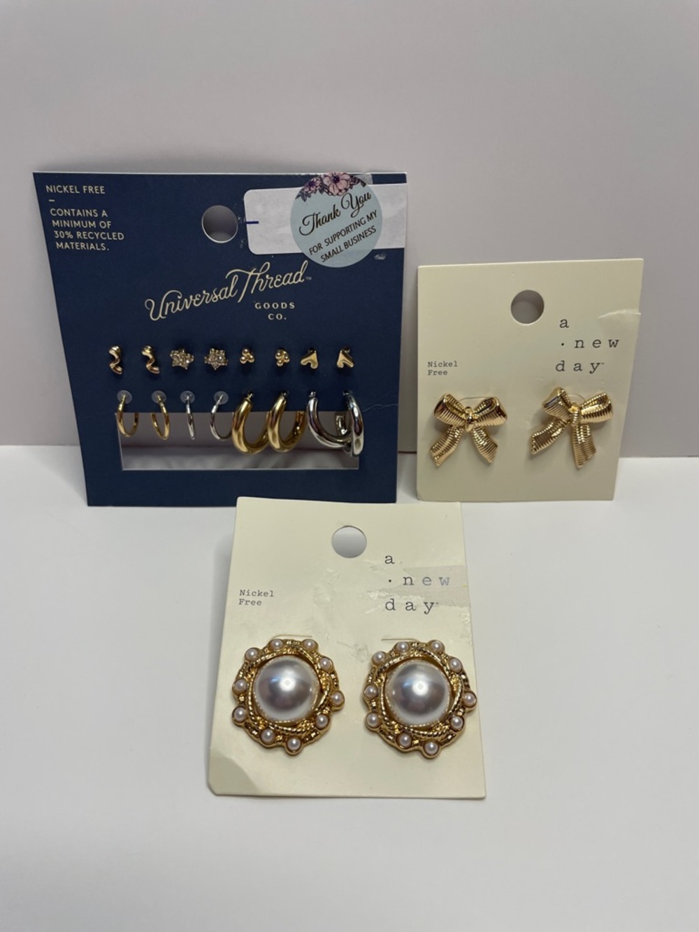 NWT a new day Gold Bow & Pearl Cluster Earring Set. Universe Thread 8 piece set - Picture 1 of 2